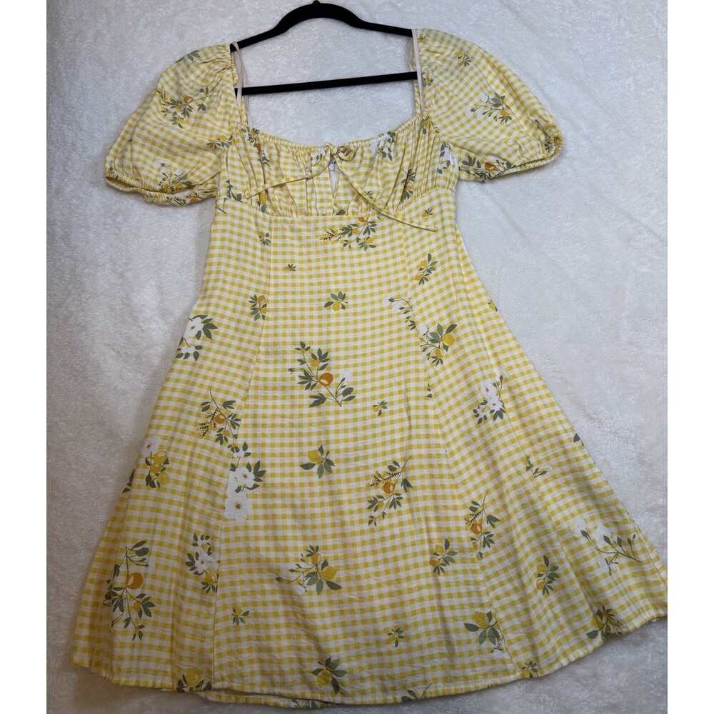 BCBGeneration Women's Yellow Gingham Lemon Print Puff Sleeve Fit & Flare Dress S